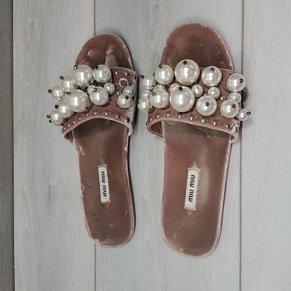 Miu Miu Burgundy Velvet Faux Pearl Embellished Flat Slides sz 37/6.5 - Picture 4 of 14